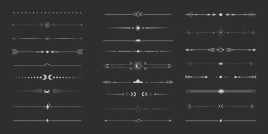Gümüş gökyüzü ayracı ince sınır süslemesi. Aylı, yıldızlı ve oklu mistik ayırıcıları olan bir kabile. Modern süslemeler koyu arkaplanda izole edilmiş. Vektör illüstrasyonu