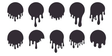 Erimiş damlalar, yuvarlak siluet boya damlalar, sıvı şekil, beyaz arka planda izole edilmiş leke. Akışkan sıvı, balçık ya da krema koleksiyonu. Vektör illüstrasyonu
