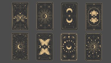 Tarot sınır büyüsünü tersine çeviriyor kutsal kapak kartı çerçevesi altın çizgisi, sınır çizgisi esrarengiz esrarengiz dekorasyonu koyu arka planda güve yıldızları ve ay ile birlikte. Vektör illüstrasyonu