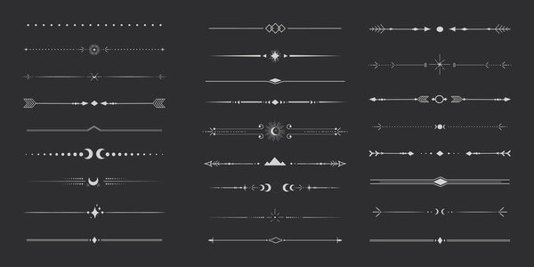 Silver celestial divider thin line border decoration. Collection tribal with moon, stars and arrows mystical separators. Modern ornament minimal set isolated on dark background. Vector illustration