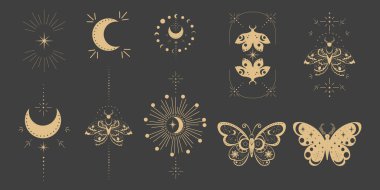 Sihirli kutsal dekorasyon örtüsü, esrarengiz çerçeve altın çizgisi. Karanlık arka planda güve ya da kelebek, güneş, yıldızlar ve ay olan esrarengiz esrarengiz süsleme. Vektör illüstrasyonu