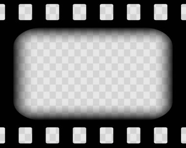 Eski sinema çerçevesi, video film şeridi. Retro klasik bant boş şablonu. Bant kenarı, grunge desenli siluet. Şeffaf arkaplanda bir video makarası. Vektör illüstrasyonu