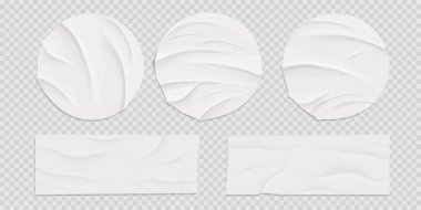 Yapıştırılmış yuvarlak kağıt, buruşuk efekt etiketi, boş çerçeve, rozet modeli izole edildi. Yuvarlak etiketli yamaları ayarla. Buruşuk poster, etiket. Vektör illüstrasyonu