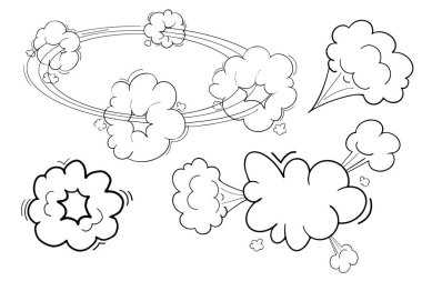 Komik hız hareketi efekti, bulutlar yol, iz hızlı rüzgar girdabı, beyaz arka planda izole edilmiş puf elementler. Patlama. Vektör illüstrasyonu