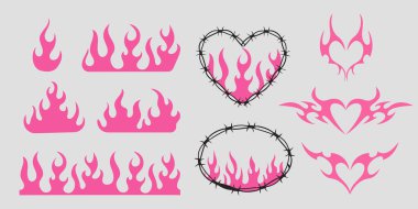 Neo kabilesinin pembe emo kalbi, kanatları ve alevi y2k estetik dövme gotik, ateş veya arka planda izole edilmiş soyut siluet. Bölme, sınır, siber vücut süsü, neotribal ağ süslemesi