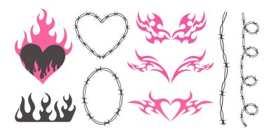 Neo kabilesinin pembe emo kalbi, kanatları ve alevi y2k estetik dövme gotik, ateş veya arka planda izole edilmiş soyut siluet. Bölme, sınır, siber vücut süsü, neotribal ağ süslemesi