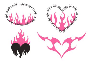 Heart Fire Y2k gotik dövme Neo kabilesi beyaz arka planda izole edilmiş. Retro 90 'ların dekorasyonu, emo sembolü. Aşk, romantik bir şekil. Vektör illüstrasyonu