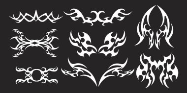 Arka planda Neotribal y2k estetik dövme gotik örtüsü, alev ya da kanatlar soyut siluet izole edilmiş. Bölme, sınır, siber vücut süsü, neotribal ağ süslemesi. Vektör illüstrasyonu