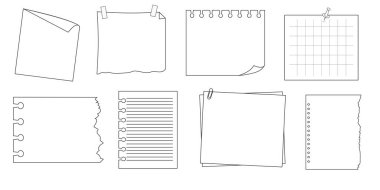 Hatırlatma kâğıdı. Kağıt çerçeve, iğne, bant, ataç elementleriyle kontrol listesi. Şirin notlar, ofis ya da okul mesajları yaz. Vektör illüstrasyonu