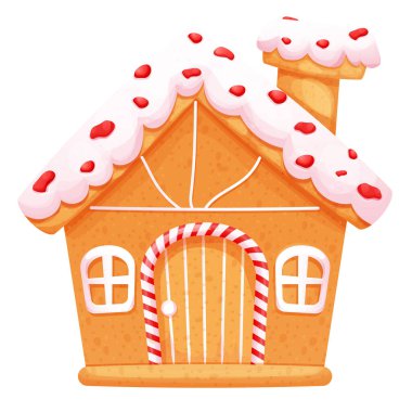 Harika kapısı ve pencereleri olan zencefilli kurabiye evi beyaz arka planda karikatür tarzında şirin süsler ve tatlılar. - Evet. Vektör illüstrasyonu