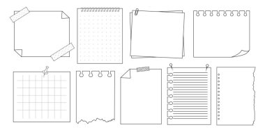 Hatırlatma kâğıdı. Kağıt çerçeve, iğne, bant, ataç elementleriyle kontrol listesi. Şirin notlar, ofis ya da okul mesajları yaz. Vektör illüstrasyonu