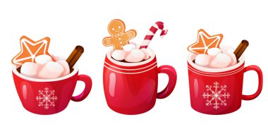 Noel tatili kırmızı bardağı, sıcak içecek, marşmelov, zencefilli kurabiye, beyaz arka planda izole edilmiş tarçın çubuğu. Vektör illüstrasyonu