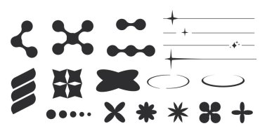 Y2k minimum geometrik şekiller ince çizgi halkaları, afişler, sosyal medya, poster tasarımı, çıkartmalar için soyut estetik unsurlar. Çerçeveli, ışıltılı, yıldızlı, çizgili modaya uygun tasarım. Vektör