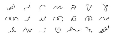 Spiral ok karalaması, dalgalı bükülme minimum kıvrımlı çizgi seti. Eğri çizgi roman yön değiştirdi. Tuhaf, basit, serbest el elementleri. - Evet. Vektör illüstrasyonu