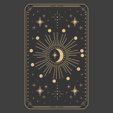 Tarot kartları için simya esrarengiz mistik şablonlar altın çizgi göksel elementlerle sınırlandırılmış çerçeveler, ay ile gizemli astrolojik süslemeler, karanlık arka planda izole edilmiş yıldızlar. Vektör