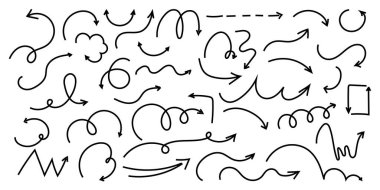 Spiral ok karalaması, dalgalı bükülme minimum kıvrımlı çizgi seti. Eğri çizgi roman yön değiştirdi. Tuhaf, basit, serbest el elementleri. - Evet. Vektör illüstrasyonu