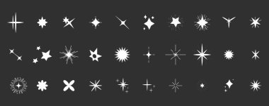 Beyaz parlak ikon parlaklığı, ışık, göz kırpan yıldız minimumu şekil, patlama ve ışın dekorasyonunu ayarlayın. Karanlık arka planda izole edilmiş ışıltılı sihirli çizgi roman. Vektör illüstrasyonu