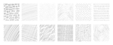 Geometrik çizgili kalem çizgileri, elle çizilmiş kızak kapağı çizgileri. İlginç süs eşyası çizgisi. Sosyal medya, posterler, baskılar için grunge dokusunu ayarla. Vektör illüstrasyonu