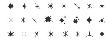 Parlak ikon parlaklığı, ışık, göz kırpan yıldız minimum şekli, patlama ve ışın dekorasyonunu ayarlayın. Beyaz arka planda izole edilmiş ışıltılı sihirli çizgi roman parlaması. Vektör illüstrasyonu