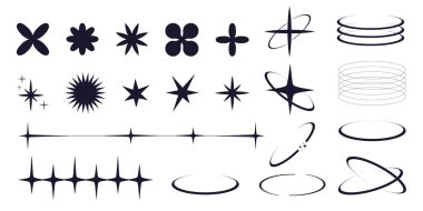 Y2k minimum geometrik şekiller ince çizgi halkaları, afişler, sosyal medya, poster tasarımı, çıkartmalar için soyut estetik unsurlar. Çerçeveli, ışıltılı, yıldızlı, çizgili modaya uygun tasarım. Vektör