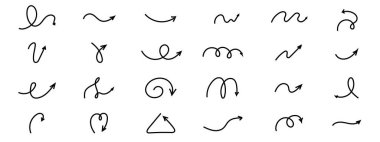 Spiral ok karalaması, dalgalı bükülme minimum kıvrımlı çizgi seti. Eğri çizgi roman yön değiştirdi. Tuhaf, basit, serbest el elementleri. - Evet. Vektör illüstrasyonu