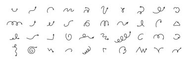 Spiral ok karalaması, dalgalı bükülme minimum kıvrımlı çizgi seti. Eğri çizgi roman yön değiştirdi. Tuhaf, basit, serbest el elementleri. - Evet. Vektör illüstrasyonu