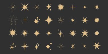 Altın parıltı ikonu parlat, ışık, göz kırpan yıldız en düşük şekil, patla ve altın madalyayı ışınla. Karanlık arka planda izole edilmiş ışıltılı sihirli çizgi roman. Vektör illüstrasyonu