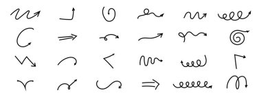 Spiral ok karalaması, dalgalı bükülme minimum kıvrımlı çizgi seti. Eğri çizgi roman yön değiştirdi. Tuhaf, basit, serbest el elementleri. - Evet. Vektör illüstrasyonu