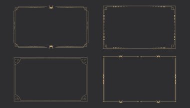 Altın rengi, en az gizemli çerçeve, ince çizgi sınırı, noktalı mistik doğrusal dekorasyon, ay, karanlık arka planda izole edilmiş yıldız köşeleri. Geometrik şekil, tarot. Vektör illüstrasyonu