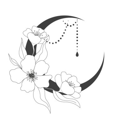 Zarif ince çizgili ay çiçeği dövmesi, çiçekli ruhani mistik element, esrarengiz boho sihirli illüstrasyon, Line, yapraklar ve dors dekorasyonu. Vektör illüstrasyonu