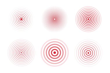 Eşmerkezli dalgalanma çemberleri ayarlandı. Sismik deprem alarmı radarı. Radyal sinyal, sonar dalgası, ses dalgası halkaları. Dokunma ya da nabız. Vektör illüstrasyonu