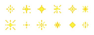 Piksel yıldızı retro 8 bit ışıltı seti. Parlak oyun pikseli sanat efekti seti. Havai fişek patlaması, uzay dekorasyonu. 90 'ların estetiği, evet. Vektör illüstrasyonu