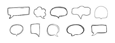 Konuşma baloncuğu çerçeve hızlı çizim, pent veya işaretleyici çizim. Çizgi roman çizimi sınırı, önemli nokta. Bulut, kalp, yuvarlak balon sohbeti, mesaj kutusu. Vektör illüstrasyonu