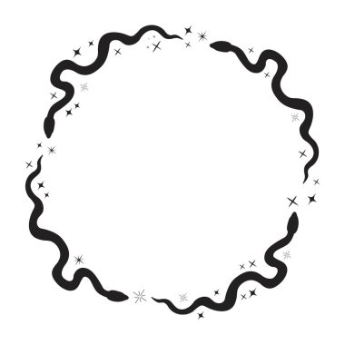 Göksel yılan çember çerçevesi, ezoterik tarot ya da dövmeli gizemli kutsal sembol sınırı. Linocut stili boho. Okültizm ve din, kutsal ayinler ve fedakarlık. Sürüngen. Vektör illüstrasyonu