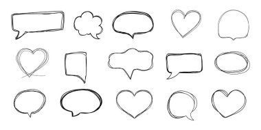 Speech bubble frame scribble fast hand drawing, pent or marker drawing. Comic sketch border, highlight. Cloud, heart, circle bubble chat, text box. Vector illustration clipart