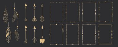 Kabile yerlisi Hint okuyla süslenmiş altın çerçeve. Sınır ince ayırıcı desenli tüy, basit motif. Vektör illüstrasyonu