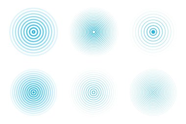 Eşmerkezli dalgalanma çemberleri ayarlandı. Sismik deprem alarmı radarı. Radyal sinyal, sonar dalgası, ses dalgası halkaları. Dokunma ya da nabız. Vektör illüstrasyonu