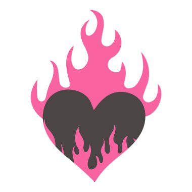 Heart Fire Y2k gotik dövme Neo kabilesi beyaz arka planda izole edilmiş. Retro 90 'ların dekorasyonu, emo sembolü. Aşk, romantik bir şekil. Vektör illüstrasyonu