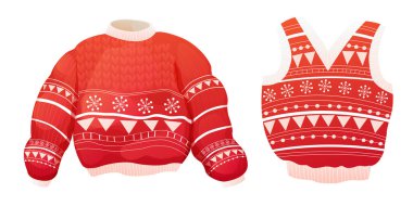 Şirin, sıcak, kırmızı süveter ve yeleği hazırla. Noel giysisi ve şenlikli kış süsü. Nordic jumper, retro. - Evet. Vektör illüstrasyonu