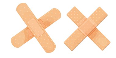 Tıbbi sıva, soyun. Solunabilir yama kuruldu. İlk yardım bandı, farklı şekillerde. Kurtarma bandı beyaz arka planda izole edildi. Vektör illüstrasyonu