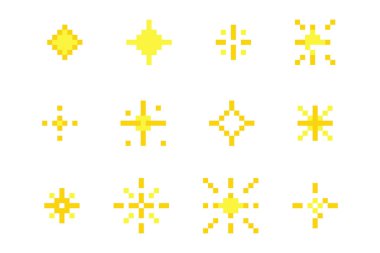 Piksel yıldızı retro 8 bit ışıltı seti. Parlak oyun pikseli sanat efekti seti. Havai fişek patlaması, uzay dekorasyonu. 90 'ların estetiği, evet. Vektör illüstrasyonu