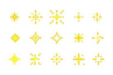 Piksel yıldızı retro 8 bit ışıltı seti. Parlak oyun pikseli sanat efekti seti. Havai fişek patlaması, uzay dekorasyonu. 90 'ların estetiği, evet. Vektör illüstrasyonu