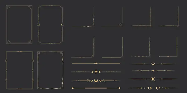 Koleksiyon Altın Göksel Çerçeve, köşeler, ince çizgi altın sınır, ay, yıldız köşeleri. Geometrik şekli ayarla, tarot koyu arkaplanda izole edilmiş. Geometrik şekli ayarla, tarot