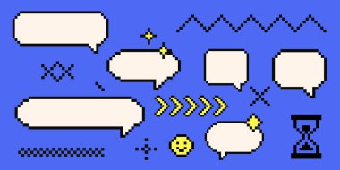 Piksel sanatı baloncuğu konuşma balonu diyaloğu 8 bit oyun arayüzü, manga. Çizgi roman sohbet dikdörtgeni piksel elementler, ok, yıldız, kalp. Vektör illüstrasyonu