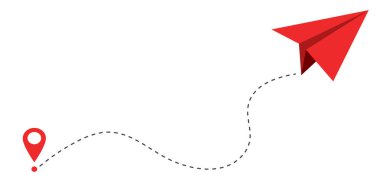 Kağıt uçak kırmızı çizgi karalama çizim tarzı çizim. Yolu takip et, fikri takip et. İş ya da seyahat tasarım unsuru. Kağıt uçak. Vektör illüstrasyonu