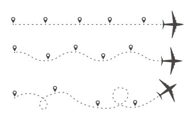 Uçak zaman çizgisi iğneyle çizilmiş. Bilgi hedef çalışma şablonu. Uçak simgeleri, yol haritası bilgileri ve konumu olan seyahat rotaları. Vektör illüstrasyonu