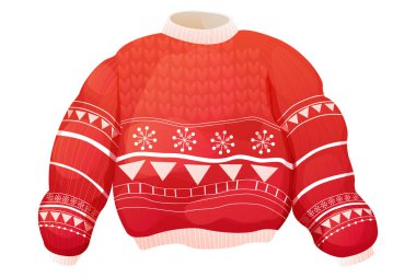 Şirin, ılık, kırmızı bir kazak. Noel süveteri ve şenlikli kış süsü. Nordic jumper retro. - Evet. Vektör illüstrasyonu