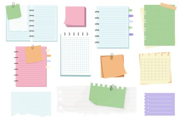 Not, nota nota şarjörlü, post-postit. Planlayıcı defter sayfası. Fikir listesi. Not etiketi yapıştırın. Çerçeve, hatırlatma. Vektör illüstrasyonu