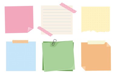 Not, nota nota şarjörlü, post-postit. Planlayıcı defter sayfası. Fikir listesi. Not etiketi yapıştırın. Çerçeve, hatırlatma. Vektör illüstrasyonu