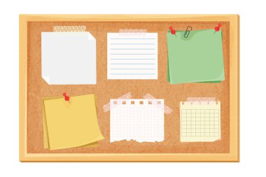 Yapışkan notlar, raptiyeli kağıt hatırlatıcı, bant. Postit, notlar, fikir ya da listeler. Organizatör, ahşap çerçeve. Vektör illüstrasyonu